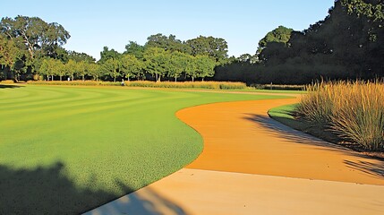 Serene golf course landscape with vibrant green grass and a sandy path providing visual harmony