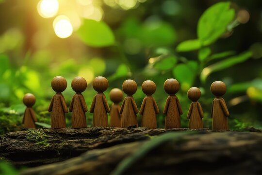 Wooden figurines representing global connectivity and awareness in a natural setting, A collection of wooden figurines illustrating global connectivity and awareness, displayed in a tranquil outdoor  