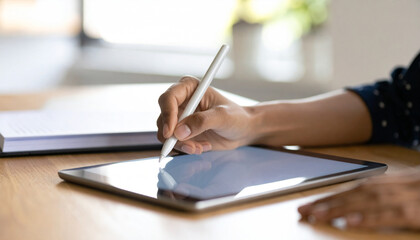 Digital Artist at Work: A close-up capturing the focus as a creative artist uses a stylus on a digital tablet to sketch, highlighting technology, artistic skill, and innovative expression.