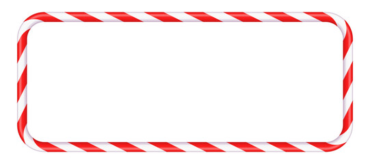 Rectangular empty frame in the shape of red and white Christmas candy, striped candy cane, space for text. Festive Christmas banner. Vector illustration, isolated, on white background
