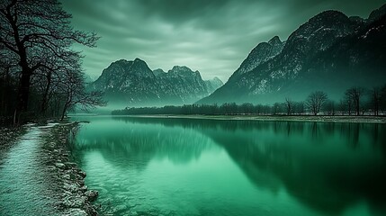 Serene reflection of majestic mountains in a tranquil lake under a cloudy sky