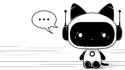 Black and white vector illustration of a cute robot cat wearing a headphones, with a speech bubble above its chest. The illustration is in monochrome black ink, creating a cartoon-like appearance.