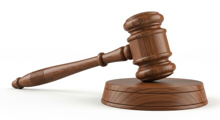 An auctioneer's hammer or judge's gavel made of dark wood, resting on its block. The object is isolated on a seamless white studio background.