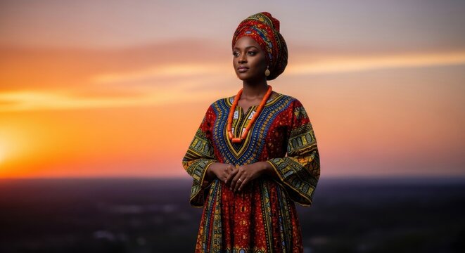 A beautiful and proud Black woman in traditional African attire (Dashiki and Gele headwrap) standing with quiet dignity against a colorful sunset sky.
