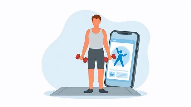 Animated fitness video: Man exercising with dumbbells using a mobile app for guidance.