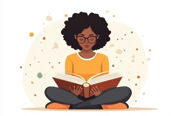 Young black girl reading a book. Modern vector flat illustration. Young student with open book studying for exam, Modern vector illustration of a young black girl focused on reading a book  