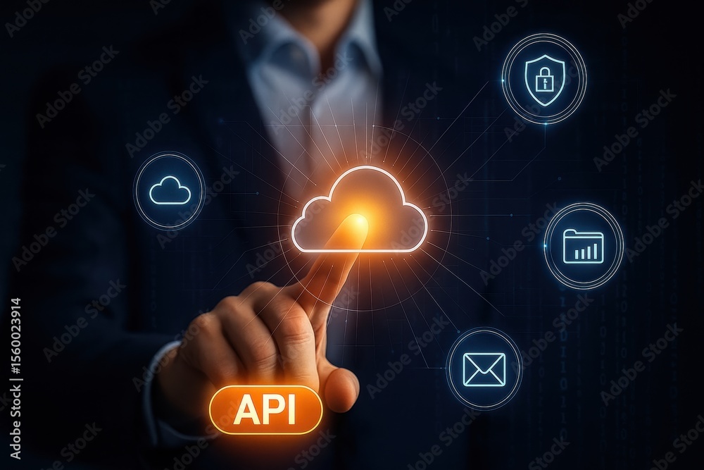 Fototapete API Integration: A businessman's finger touches a glowing cloud icon, symbolizing seamless API integration with various data points, including security, files, and email.