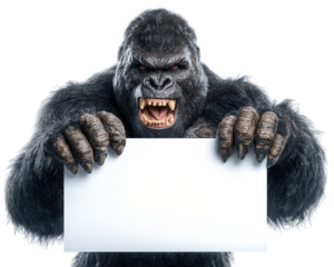 Gorilla animal wild fierce angry teeth blank sign message isolated transparency background humor intimidating large mammal black fur strong powerful beast jungle wildlife nature expression open