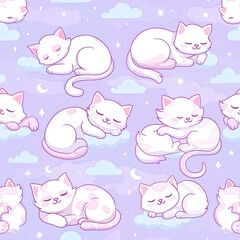 Pastel Seamless Pattern of Cats Sleeping on Soft Clouds