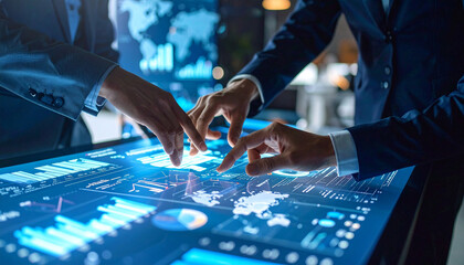 Strategic Data Analysis: Professionals collaborate over a sophisticated digital interface, delving into intricate data visualization and strategic planning within a modern technological environment.