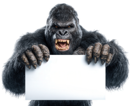 Gorilla animal wild fierce angry teeth blank sign message isolated transparency background humor intimidating large mammal black fur strong powerful beast jungle wildlife nature expression open