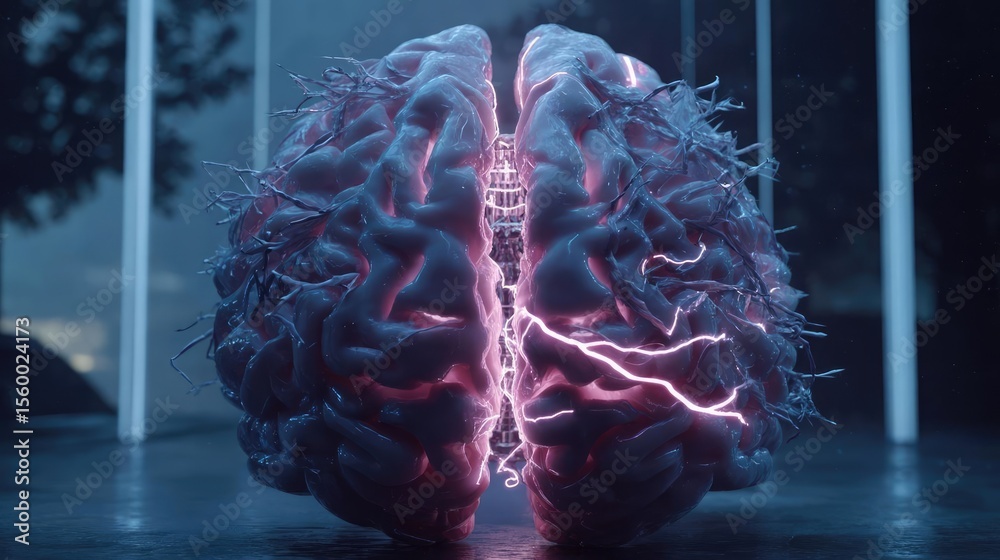 Poster brain reset concept. a surreal depiction of a brain emitting energetic sparks.