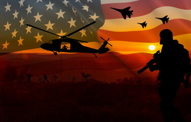 Conceptual image of war using American flag and silhouette