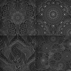 Floral motifs and abstract ornaments in oriental Ethnic seamless patterns set with dark color palette. Floral and abstract ornaments depicting flowers, mandalas, oriental, asian, indian designs.