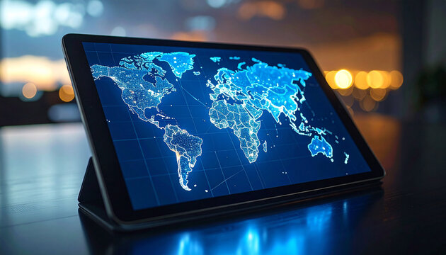 Global Connection in Digital World: A tablet displaying a vibrant, illuminated world map, symbolizing the interconnectedness of global communications and technological advancement. - Powered by Adobe