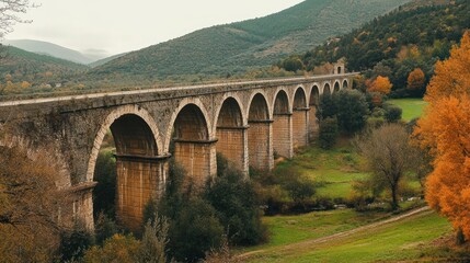 Stone arch bridge through autumnal landscape