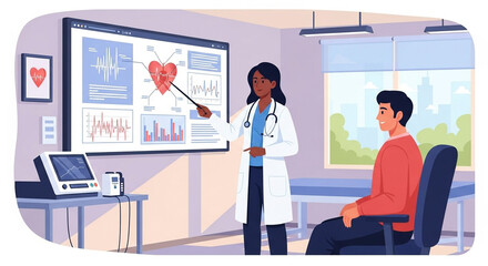 A doctor explains heart health to a patient in a clinic. The doctor is pointing to a diagram of the heart on a screen. The patient is sitting and listening to the doctor's explanation about medical an