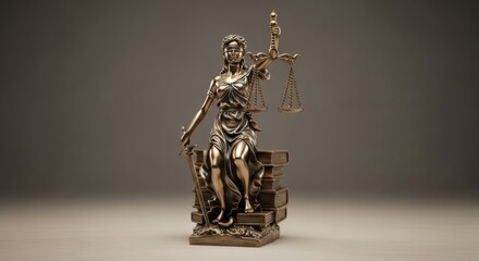 Legal wisdom personified. A bronze Themis figurine with sword and scales is seated on a pile of antique books against a simple grey background.