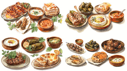 Hand-drawn illustration of Middle Eastern food with grilled meats, hummus, dolma, flatbreads, and meze dishes. Perfect for ethnic cuisine and culinary visuals.

