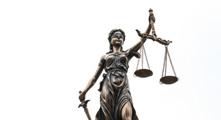 A symbol of law outdoors. A bronze statue of Themis, the goddess of justice, is pictured from a low angle against a clean white sky background.