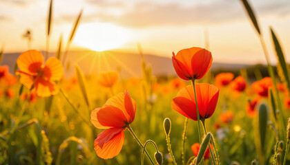 Obraz premium Field of vibrant orange poppies blooming under sunset light 