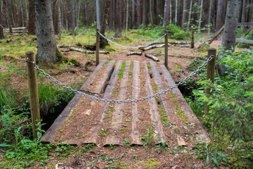 A private wooden log bridge on a forest trail, blocked by chains to restrict access, leading into a...