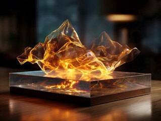 A glowing abstract mountain range sculpture on a clear base with a dark blurred background behind it