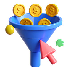 Marketing funnel:  A vibrant illustration of a marketing funnel, with golden coins being channeled through it, symbolizing conversion, and potential growth.