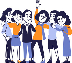 Group of Diverse Cartoon People Standing Together. Vector Illustration of Friendly Multicultural Characters Smiling and Hugging.