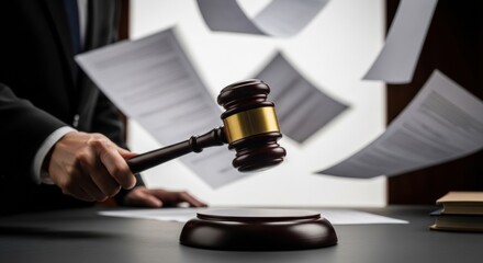 A decisive verdict is handed down. A judge's hand slams a gavel onto its sound block, with legal documents flying through the air in the background.