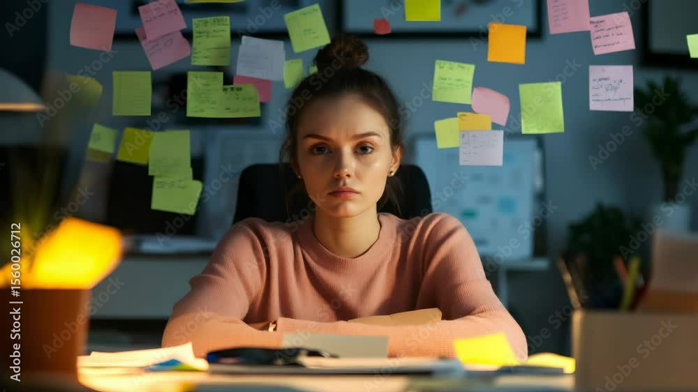 Poster Overworked business professional working overtime, surrounded by colorful sticky notes, displaying intense concentration while seated at desk during late evening hours