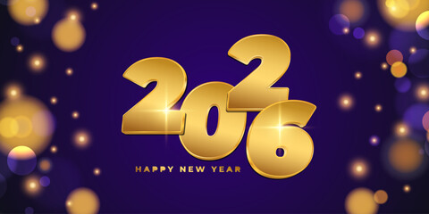 2026 Happy New Year festive banner. Gold and blue colors. New Year 2026 holiday background. Bright bokeh lights. Vector illustration.