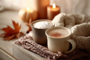 cozy autumn scene featuring warm drinks like spiced cider and pumpkin latte on rustic wooden table