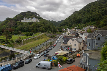 Aerial view of the town of Lynmouth in the heart of Exmoor, known as little Switzerland