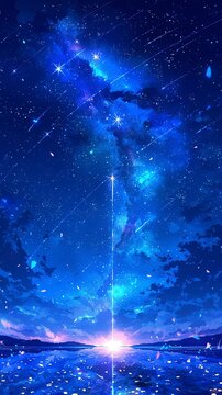 Crystal Meteor Streak over Obsidian Lake, Anime Wallpaper with Diamond Stars and Silver Ripples, Ethereal Reflection 8K Textured Grain
