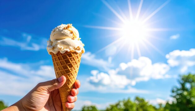 Hand holding a delicious double scoop ice cream cone against a bright blue sky with sun and clouds in the background