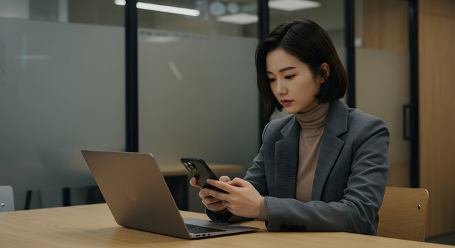 Focused businesswoman using phone and laptop in modern office late at night working hard for success