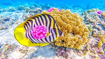 Striking angelfish amidst colorful coral reef ecosystem providing vibrant seascape ambience