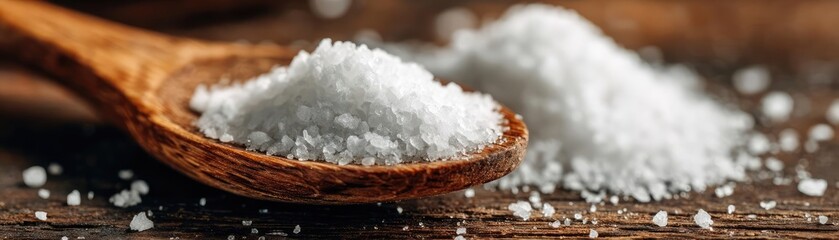Salt limit concept. Close-up of salt on a wooden spoon on a rustic table.