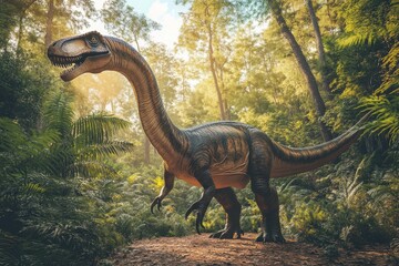 Realistic diplodocus dinosaur walking in prehistoric forest, A lifelike diplodocus dinosaur strides through a vibrant prehistoric forest filled with greenery and ancient plants