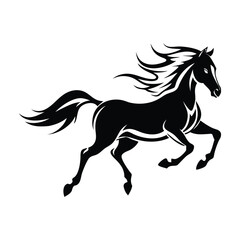 Dynamic black silhouette of a galloping horse with flowing mane and tail, perfect for tattoos, logos, or prints. High-quality vector art for versatile use