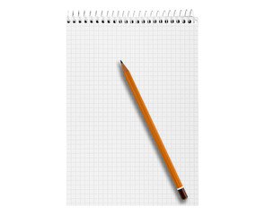 Spiral-bound checkered notebook with a pencil on a white background, perfect for school notes, study sessions, and educational designs.