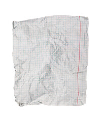 A crumpled torn checkered paper on a white background fits educational themes. Its rugged texture serves as a visual aid for recycling or math lessons.