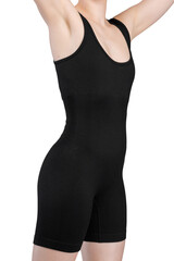 Close-up of a woman's lower torso wearing grey ribbed high-waisted shorts. White background....