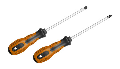Two screwdrivers, flat and Phillips, are designed for construction work. Their durable handles ensure efficiency in tough environments Brown color on isolated white background close-up