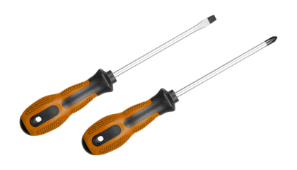 Two screwdrivers, flat and Phillips, are designed for construction work. Their durable handles ensure efficiency in tough environments Brown color on isolated white background close-up