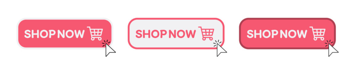 Buy now button with shopping cart. Shop now. Modern collection for web site. Online shopping. Click here, apply, buttons hand pointer clicking. Web design elements. Vector illustration
