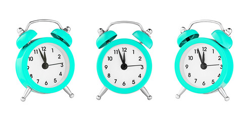 classic watch, pointer clock, Blue color alarm watch on isolated white background close up