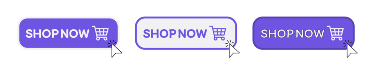 Buy now button with shopping cart. Shop now. Modern collection for web site. Online shopping. Click here, apply, buttons hand pointer clicking. Web design elements. Vector illustration
