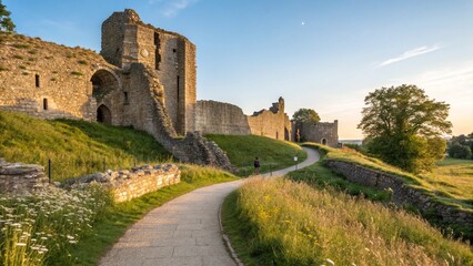 Obraz premium Romantic Ruins of a Medieval Castle at Sunset with Path and Flowers